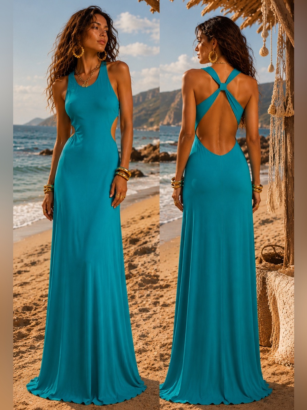 XS BCBGMaxazria $345 Teal Maxi dress Open-Back Boho Whimsical Fairycore cutout